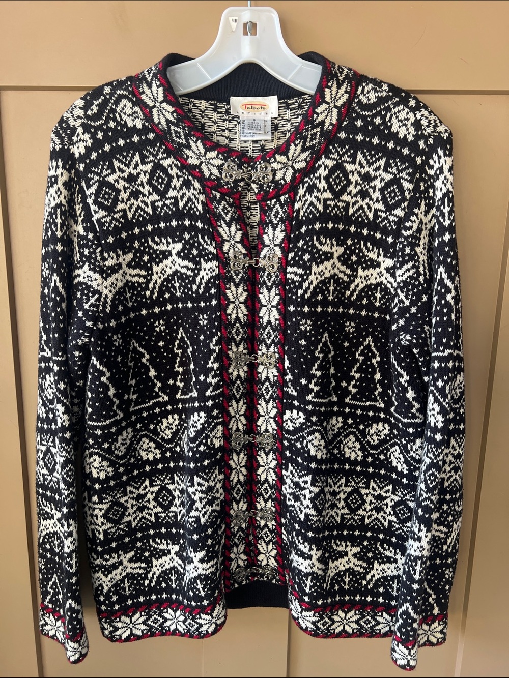Talbots Vintage Petite S Black White & Red Nordic Knit Cardigan Christmas Holida